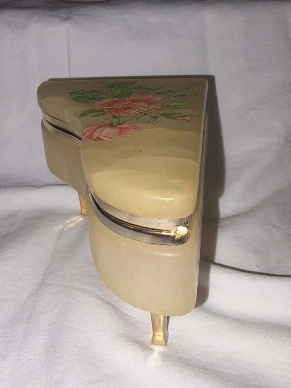 RARE Vintage LEFTON Alabaster Floral piano shaped Trinket jewelry box